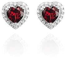 925 Sterling Silver Heart Garnet Stud Earrings