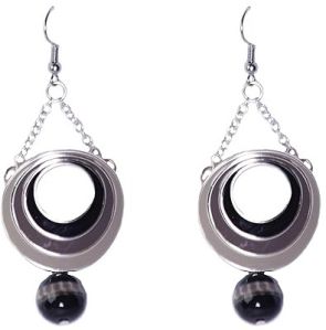 Black Cats Eye with Silver Plated 3 Layer Earrings