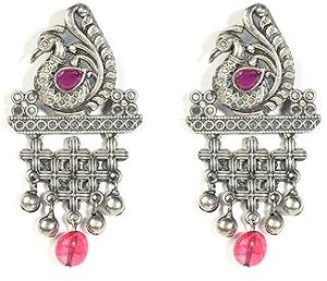 Pink Crystal Peacock Carved Oxidised Earrings