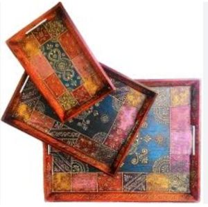 Wooden Hand Painted Serving Tray Set