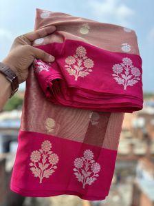 Banarasi Dyeable Tissue Satin Border Saree