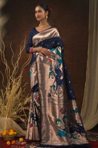 AF280 Ladies Navy Blue Zari Woven Banarasi Silk Paithani Saree with Blouse