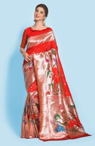 AF284 Ladies Red Zari Woven Banarasi Silk Paithani Saree with Blouse