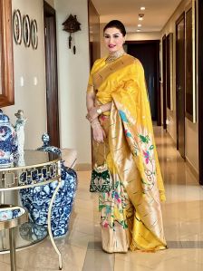 AF287 Ladies Yellow Zari Woven Banarasi Silk Paithani Saree with Blouse