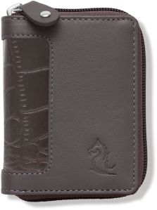 KARA Brown Unisex Debit Card Holder Genuine Leather Embossed Design Multiple Slots Zipper