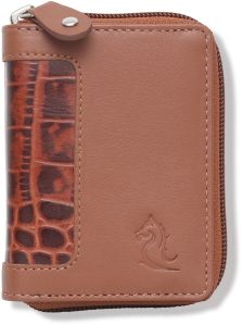 KARA Tan Unisex Debit Card Holder Genuine Leather Embossed Design Multiple Slots Zipper