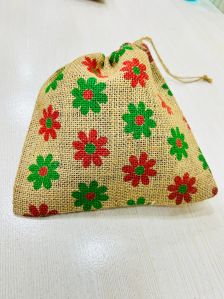 Hand Embroidered Jute Pouches with Drawstring and Flower Printed Elegant Shopping Bags