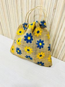 Hand Embroidered Jute Pouches with Drawstring and Flower Printed