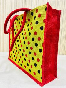 Jute Grocery Jute Bag Dotted Print With Zipper Lock And Cotton Web Handles