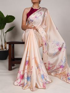 Printed Satin Silk Saree With Pearl Lace Border