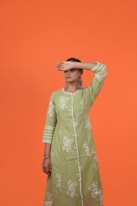 Ladies Light Green & White Cotton Kurti