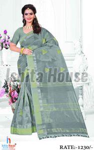 Ladies Grey Cotton Silk Saree