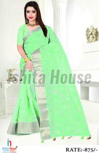 Ladies Light Green Cotton Silk Saree