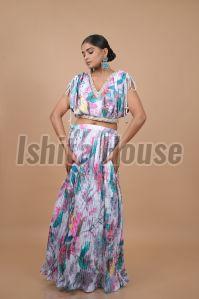 Ladies Multicolor Digital Print Crop Top & Long Skirt