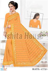 Ladies Orange Heavy Work Embroidery Saree