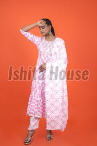 Ladies Pink & White 3 Piece Kurti Set