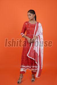 Ladies Red & White 3 Piece Kurti Set