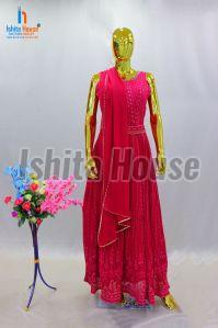 Ladies Sleeveless Red Cotton Anarkali Suit