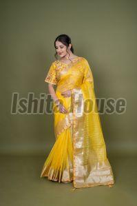 Ladies Yellow Cotton Silk Saree