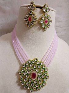 Glass Crystal Beaded Kundan Multilayer Necklace Earring Set