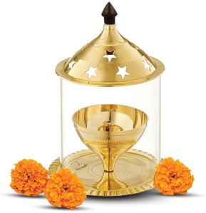 Akhand Diya Decorative Brass Glass Oil Lamp Tea Light Holder Diya with Borosilicate Glass Puja