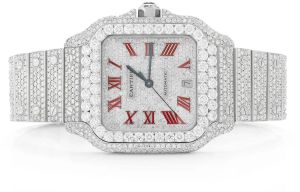 Santos de Cartier 38mm Red Roman Dial with Fully Iced Out Watch Bezel and Strap Custom Luxurious - 2