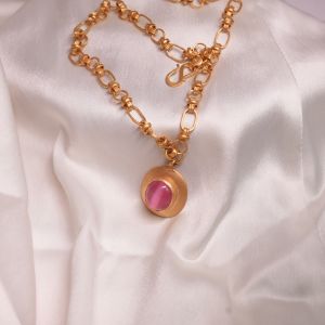 Golden Necklace With Pink Stone Pendant