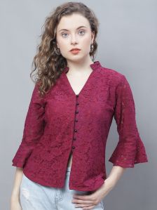 Ladies Maroon Chinese Collar Top