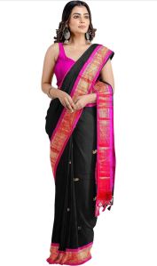 Black & Pink Cotton Silk Saree