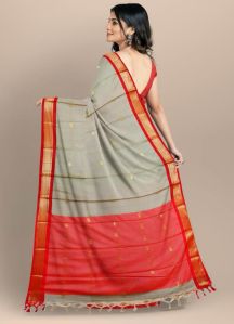 Grey & Red Cotton Silk Saree