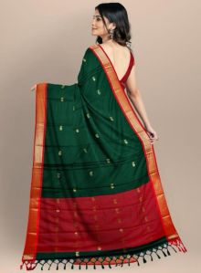Dark Green & Red Cotton Silk Saree