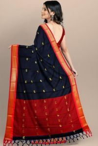 Dark Blue & Red Cotton Silk Saree