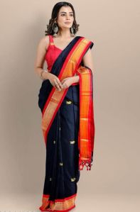 Dark Blue & Red Cotton Silk Saree