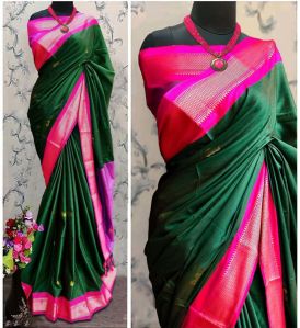 Green & Pink Cotton Silk Saree