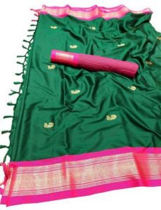Green & Pink Cotton Silk Saree