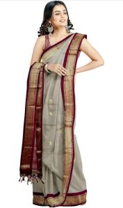 Grey & Maroon Cotton Silk Saree