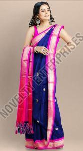 Dark Blue & Pink Cotton Silk Saree