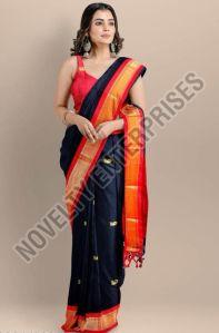 Dark Blue & Red Cotton Silk Saree