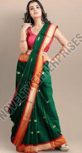 Dark Green & Red Cotton Silk Saree