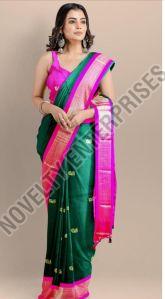 Green & Pink Cotton Silk Saree