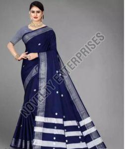 Navy Blue & Silver Cotton Silk Saree