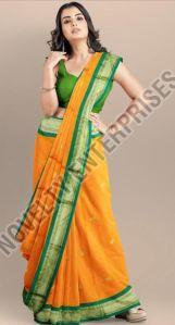 yellow green cotton silk saree