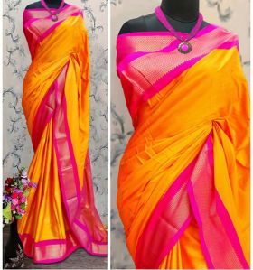 Yellow & Pink Cotton Silk Saree