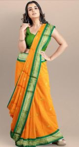 Yellow & Green Cotton Silk Saree
