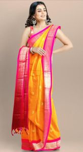 Yellow & Pink Cotton Silk Saree