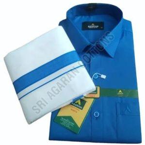 Mens Blue Cotton Shirt Dhoti Set