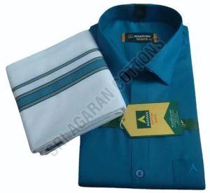 Mens Dull Blue Cotton Shirt Dhoti Set