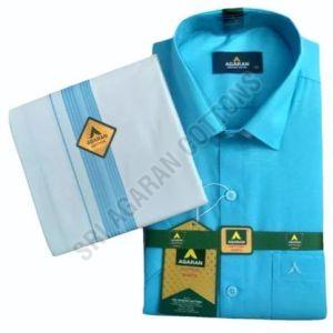 Mens Light Blue Cotton Shirt Dhoti Set