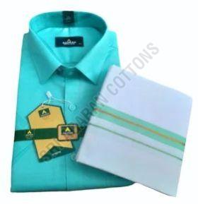 Mens Turquoise Blue Cotton Shirt Dhoti Set