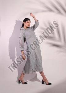 Luxury A Line Linen Coat Collar Frock